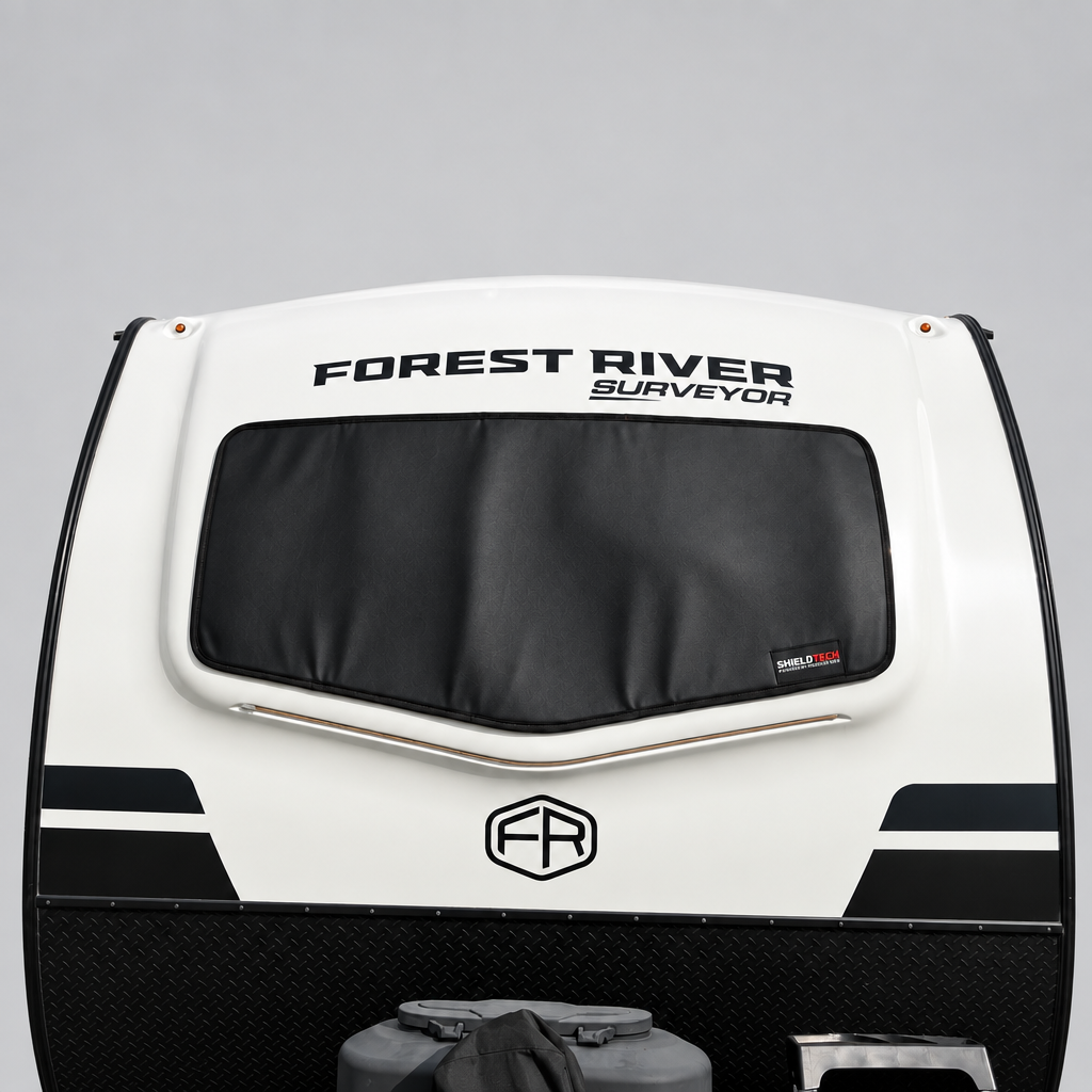 ShieldTech magnetic windshield cover installed on a 2019-2026 Forest River Grand Surveyor