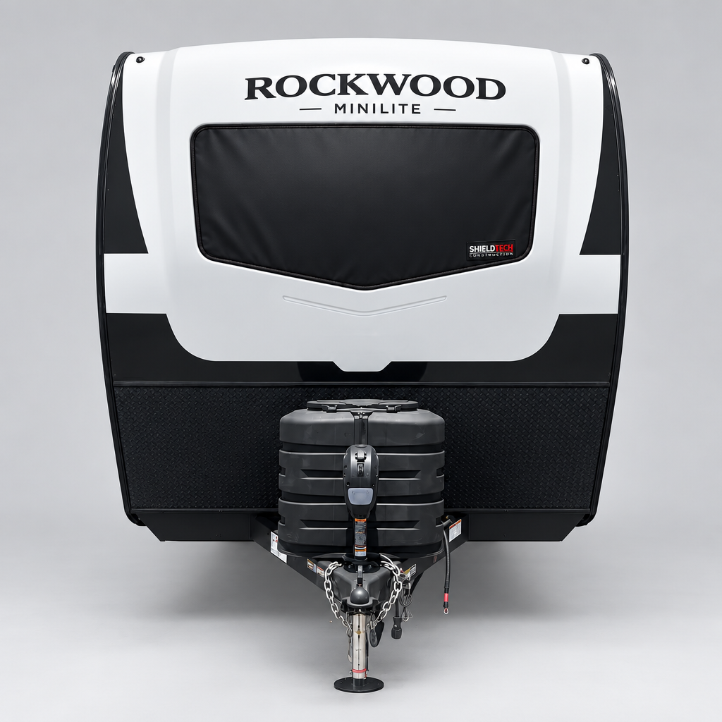 ShieldTech magnetic windshield cover installed on a 2027 Forest River Mini-Lite