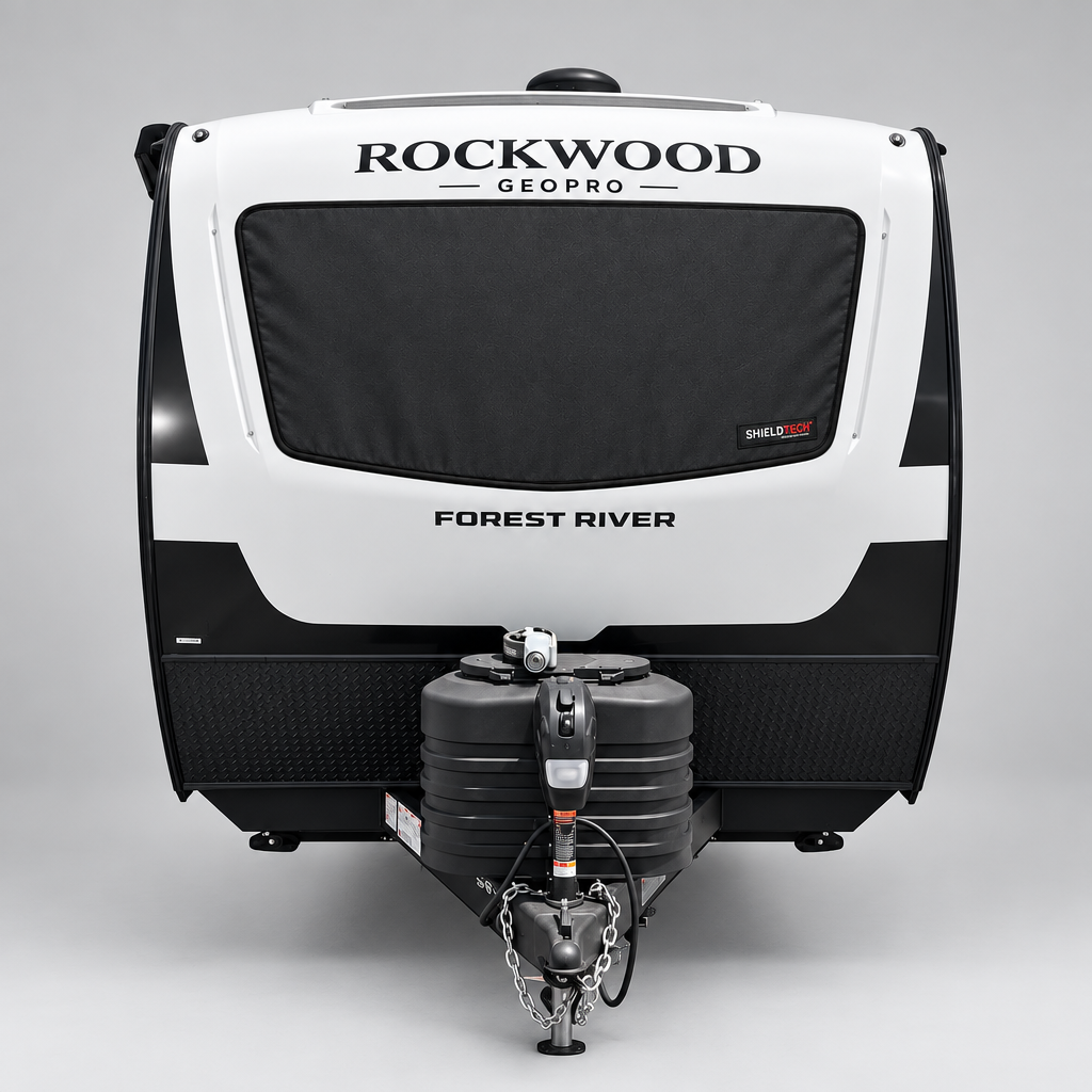ShieldTech magnetic front window cover installed on a 2027 Forest River Rockwood Geo Pro travel trailer