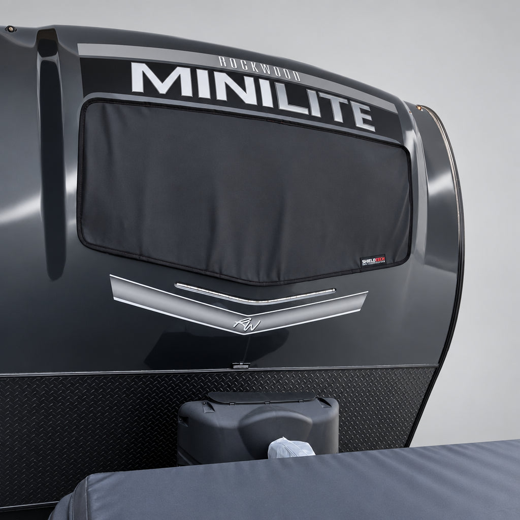 ShieldTech magnetic windshield cover installed on a 2018-2026 Forest River Mini-Lite