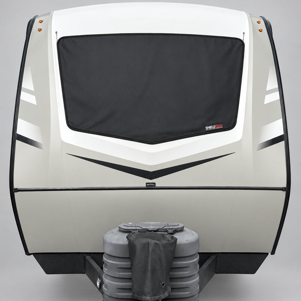 ShieldTech magnetic front glass protection installed on a 2018-2026 Keystone RV travel trailer