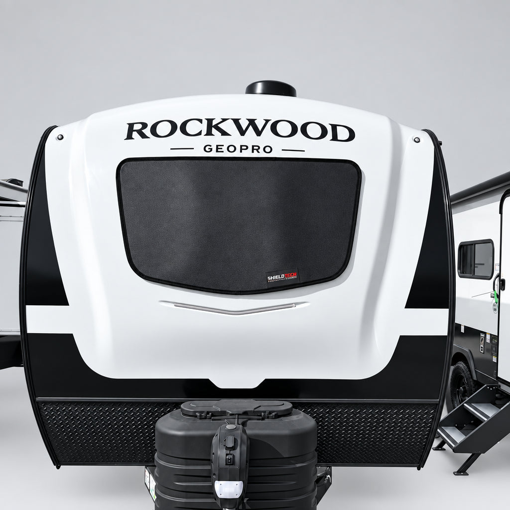ShieldTech magnetic glass protection installed on a 2018–2026 Forest River Rockwood Geo Pro travel trailer