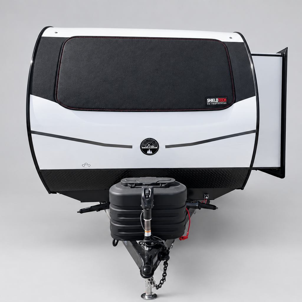 ShieldTech magnetic windshield cover installed on a 2027 Forest River UnMapped