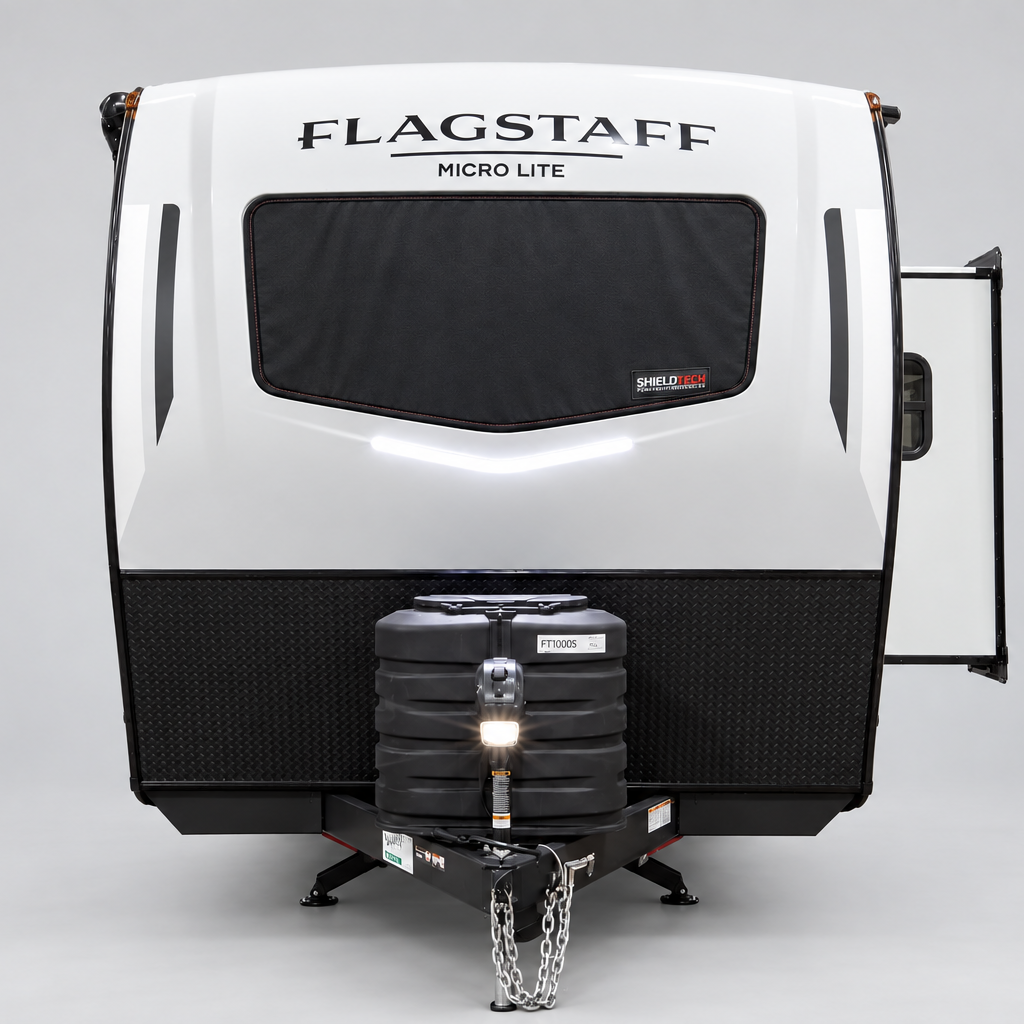 ShieldTech magnetic windshield cover installed on a 2027 Forest River Flagstaff Micro Lite.
