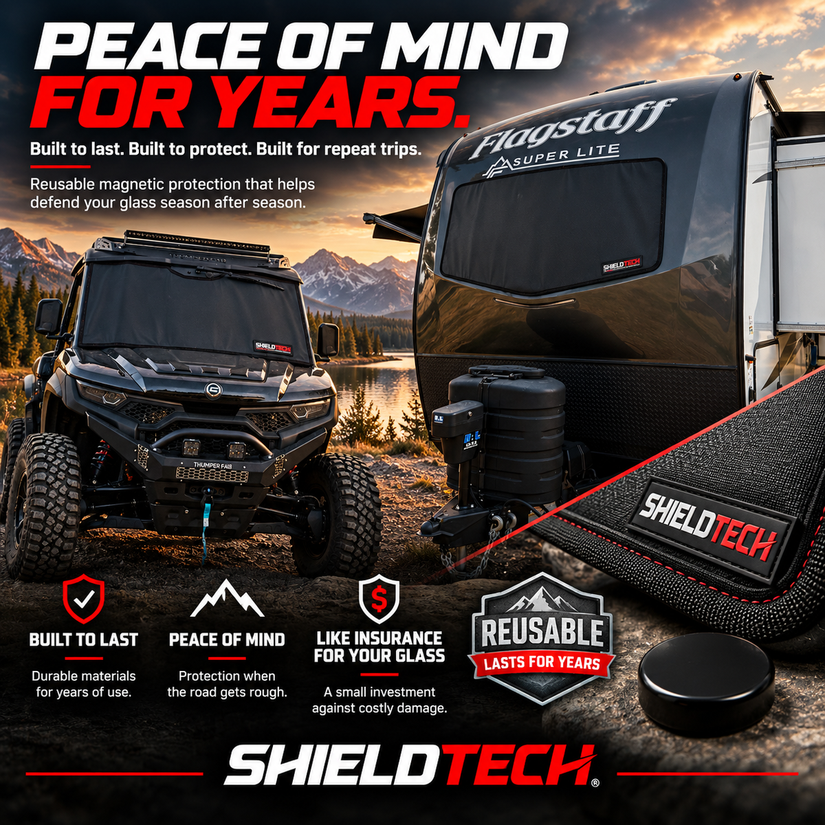 ShieldTech magnetic windshield covers on a UTV and a travel trailer
