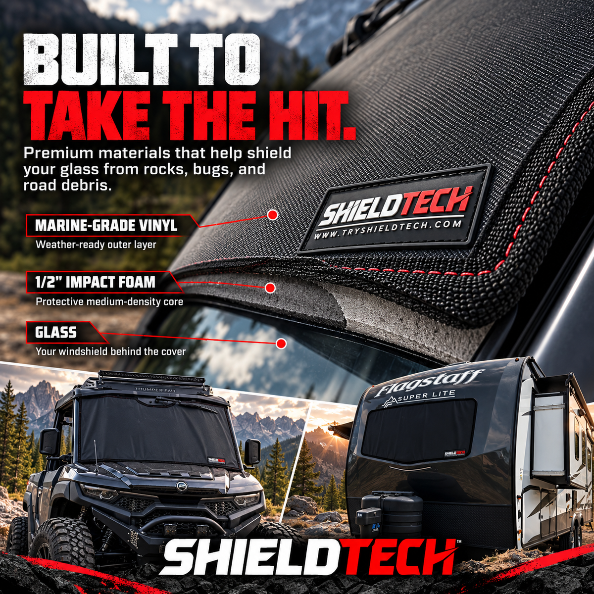 ShieldTech windshield cover layers: marine-grade vinyl and ½-inch impact foam that protect glass from rocks