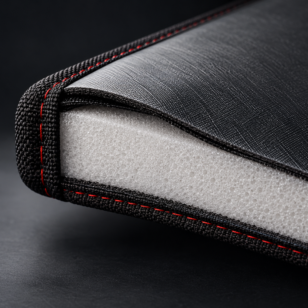 Cutaway of a ShieldTech windshield cover edge showing the ½-inch impact foam core under marine-grade vinyl, with red-stitched binding